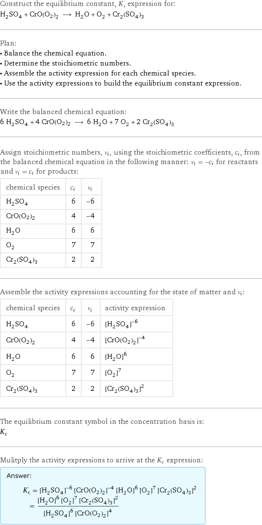 Construct the equilibrium constant, K, expression for: H_2SO_4 + CrO(O2)2 ⟶ H_2O + O_2 + Cr_2(SO_4)_3 Plan: • Balance the chemical equation. • Determine the stoichiometric numbers. • Assemble the activity expression for each chemical species. • Use the activity expressions to build the equilibrium constant expression. Write the balanced chemical equation: 6 H_2SO_4 + 4 CrO(O2)2 ⟶ 6 H_2O + 7 O_2 + 2 Cr_2(SO_4)_3 Assign stoichiometric numbers, ν_i, using the stoichiometric coefficients, c_i, from the balanced chemical equation in the following manner: ν_i = -c_i for reactants and ν_i = c_i for products: chemical species | c_i | ν_i H_2SO_4 | 6 | -6 CrO(O2)2 | 4 | -4 H_2O | 6 | 6 O_2 | 7 | 7 Cr_2(SO_4)_3 | 2 | 2 Assemble the activity expressions accounting for the state of matter and ν_i: chemical species | c_i | ν_i | activity expression H_2SO_4 | 6 | -6 | ([H2SO4])^(-6) CrO(O2)2 | 4 | -4 | ([CrO(O2)2])^(-4) H_2O | 6 | 6 | ([H2O])^6 O_2 | 7 | 7 | ([O2])^7 Cr_2(SO_4)_3 | 2 | 2 | ([Cr2(SO4)3])^2 The equilibrium constant symbol in the concentration basis is: K_c Mulitply the activity expressions to arrive at the K_c expression: Answer: |   | K_c = ([H2SO4])^(-6) ([CrO(O2)2])^(-4) ([H2O])^6 ([O2])^7 ([Cr2(SO4)3])^2 = (([H2O])^6 ([O2])^7 ([Cr2(SO4)3])^2)/(([H2SO4])^6 ([CrO(O2)2])^4)