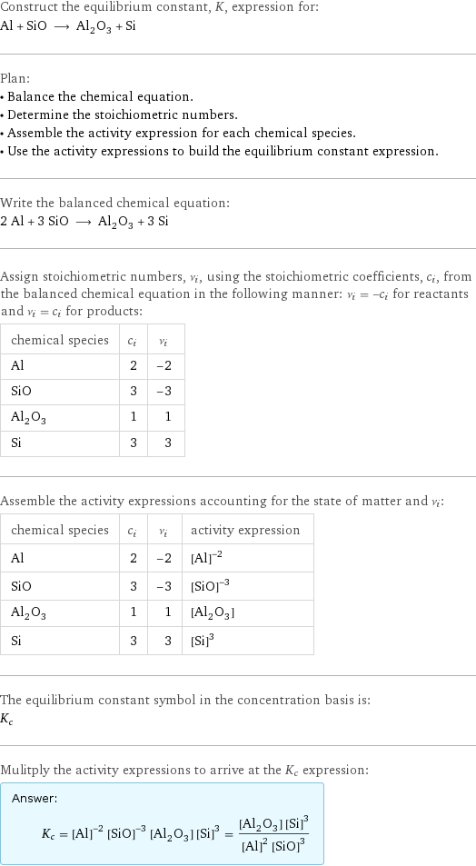 Construct the equilibrium constant, K, expression for: Al + SiO ⟶ Al_2O_3 + Si Plan: • Balance the chemical equation. • Determine the stoichiometric numbers. • Assemble the activity expression for each chemical species. • Use the activity expressions to build the equilibrium constant expression. Write the balanced chemical equation: 2 Al + 3 SiO ⟶ Al_2O_3 + 3 Si Assign stoichiometric numbers, ν_i, using the stoichiometric coefficients, c_i, from the balanced chemical equation in the following manner: ν_i = -c_i for reactants and ν_i = c_i for products: chemical species | c_i | ν_i Al | 2 | -2 SiO | 3 | -3 Al_2O_3 | 1 | 1 Si | 3 | 3 Assemble the activity expressions accounting for the state of matter and ν_i: chemical species | c_i | ν_i | activity expression Al | 2 | -2 | ([Al])^(-2) SiO | 3 | -3 | ([SiO])^(-3) Al_2O_3 | 1 | 1 | [Al2O3] Si | 3 | 3 | ([Si])^3 The equilibrium constant symbol in the concentration basis is: K_c Mulitply the activity expressions to arrive at the K_c expression: Answer: |   | K_c = ([Al])^(-2) ([SiO])^(-3) [Al2O3] ([Si])^3 = ([Al2O3] ([Si])^3)/(([Al])^2 ([SiO])^3)