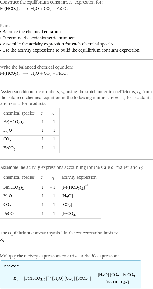 Construct the equilibrium constant, K, expression for: Fe(HCO3)2 ⟶ H_2O + CO_2 + FeCO_3 Plan: • Balance the chemical equation. • Determine the stoichiometric numbers. • Assemble the activity expression for each chemical species. • Use the activity expressions to build the equilibrium constant expression. Write the balanced chemical equation: Fe(HCO3)2 ⟶ H_2O + CO_2 + FeCO_3 Assign stoichiometric numbers, ν_i, using the stoichiometric coefficients, c_i, from the balanced chemical equation in the following manner: ν_i = -c_i for reactants and ν_i = c_i for products: chemical species | c_i | ν_i Fe(HCO3)2 | 1 | -1 H_2O | 1 | 1 CO_2 | 1 | 1 FeCO_3 | 1 | 1 Assemble the activity expressions accounting for the state of matter and ν_i: chemical species | c_i | ν_i | activity expression Fe(HCO3)2 | 1 | -1 | ([Fe(HCO3)2])^(-1) H_2O | 1 | 1 | [H2O] CO_2 | 1 | 1 | [CO2] FeCO_3 | 1 | 1 | [FeCO3] The equilibrium constant symbol in the concentration basis is: K_c Mulitply the activity expressions to arrive at the K_c expression: Answer: |   | K_c = ([Fe(HCO3)2])^(-1) [H2O] [CO2] [FeCO3] = ([H2O] [CO2] [FeCO3])/([Fe(HCO3)2])