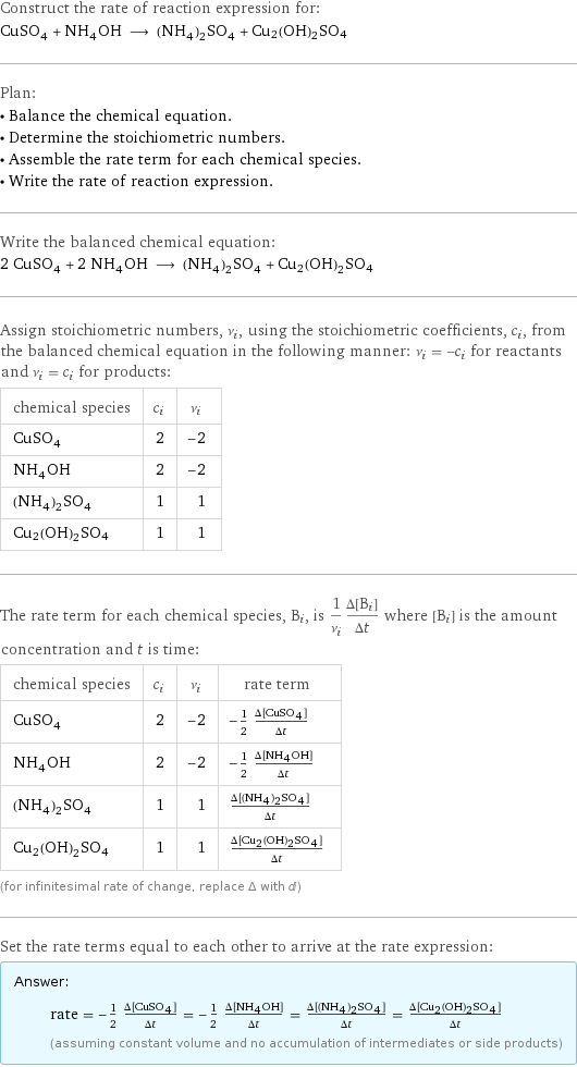 Construct the rate of reaction expression for: CuSO_4 + NH_4OH ⟶ (NH_4)_2SO_4 + Cu2(OH)2SO4 Plan: • Balance the chemical equation. • Determine the stoichiometric numbers. • Assemble the rate term for each chemical species. • Write the rate of reaction expression. Write the balanced chemical equation: 2 CuSO_4 + 2 NH_4OH ⟶ (NH_4)_2SO_4 + Cu2(OH)2SO4 Assign stoichiometric numbers, ν_i, using the stoichiometric coefficients, c_i, from the balanced chemical equation in the following manner: ν_i = -c_i for reactants and ν_i = c_i for products: chemical species | c_i | ν_i CuSO_4 | 2 | -2 NH_4OH | 2 | -2 (NH_4)_2SO_4 | 1 | 1 Cu2(OH)2SO4 | 1 | 1 The rate term for each chemical species, B_i, is 1/ν_i(Δ[B_i])/(Δt) where [B_i] is the amount concentration and t is time: chemical species | c_i | ν_i | rate term CuSO_4 | 2 | -2 | -1/2 (Δ[CuSO4])/(Δt) NH_4OH | 2 | -2 | -1/2 (Δ[NH4OH])/(Δt) (NH_4)_2SO_4 | 1 | 1 | (Δ[(NH4)2SO4])/(Δt) Cu2(OH)2SO4 | 1 | 1 | (Δ[Cu2(OH)2SO4])/(Δt) (for infinitesimal rate of change, replace Δ with d) Set the rate terms equal to each other to arrive at the rate expression: Answer: |   | rate = -1/2 (Δ[CuSO4])/(Δt) = -1/2 (Δ[NH4OH])/(Δt) = (Δ[(NH4)2SO4])/(Δt) = (Δ[Cu2(OH)2SO4])/(Δt) (assuming constant volume and no accumulation of intermediates or side products)