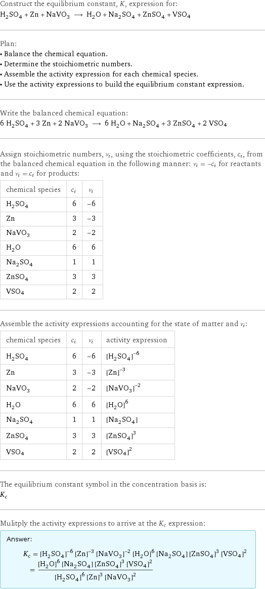 Construct the equilibrium constant, K, expression for: H_2SO_4 + Zn + NaVO_3 ⟶ H_2O + Na_2SO_4 + ZnSO_4 + VSO4 Plan: • Balance the chemical equation. • Determine the stoichiometric numbers. • Assemble the activity expression for each chemical species. • Use the activity expressions to build the equilibrium constant expression. Write the balanced chemical equation: 6 H_2SO_4 + 3 Zn + 2 NaVO_3 ⟶ 6 H_2O + Na_2SO_4 + 3 ZnSO_4 + 2 VSO4 Assign stoichiometric numbers, ν_i, using the stoichiometric coefficients, c_i, from the balanced chemical equation in the following manner: ν_i = -c_i for reactants and ν_i = c_i for products: chemical species | c_i | ν_i H_2SO_4 | 6 | -6 Zn | 3 | -3 NaVO_3 | 2 | -2 H_2O | 6 | 6 Na_2SO_4 | 1 | 1 ZnSO_4 | 3 | 3 VSO4 | 2 | 2 Assemble the activity expressions accounting for the state of matter and ν_i: chemical species | c_i | ν_i | activity expression H_2SO_4 | 6 | -6 | ([H2SO4])^(-6) Zn | 3 | -3 | ([Zn])^(-3) NaVO_3 | 2 | -2 | ([NaVO3])^(-2) H_2O | 6 | 6 | ([H2O])^6 Na_2SO_4 | 1 | 1 | [Na2SO4] ZnSO_4 | 3 | 3 | ([ZnSO4])^3 VSO4 | 2 | 2 | ([VSO4])^2 The equilibrium constant symbol in the concentration basis is: K_c Mulitply the activity expressions to arrive at the K_c expression: Answer: |   | K_c = ([H2SO4])^(-6) ([Zn])^(-3) ([NaVO3])^(-2) ([H2O])^6 [Na2SO4] ([ZnSO4])^3 ([VSO4])^2 = (([H2O])^6 [Na2SO4] ([ZnSO4])^3 ([VSO4])^2)/(([H2SO4])^6 ([Zn])^3 ([NaVO3])^2)