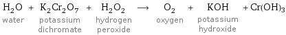 H_2O water + K_2Cr_2O_7 potassium dichromate + H_2O_2 hydrogen peroxide ⟶ O_2 oxygen + KOH potassium hydroxide + Cr(OH)3