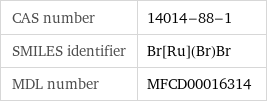 CAS number | 14014-88-1 SMILES identifier | Br[Ru](Br)Br MDL number | MFCD00016314