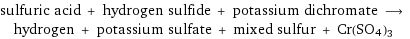 sulfuric acid + hydrogen sulfide + potassium dichromate ⟶ hydrogen + potassium sulfate + mixed sulfur + Cr(SO4)3