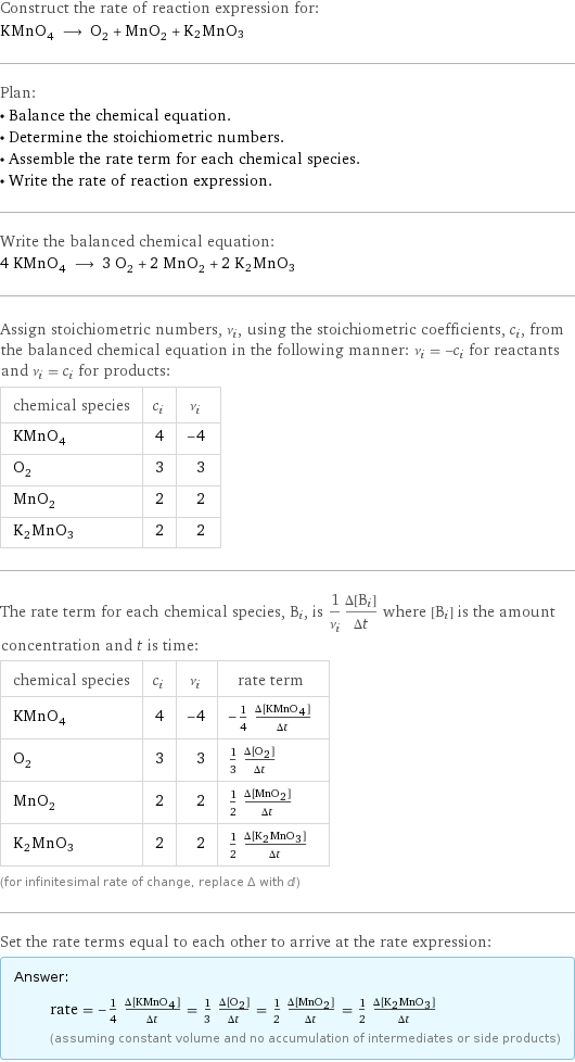 Construct the rate of reaction expression for: KMnO_4 ⟶ O_2 + MnO_2 + K2MnO3 Plan: • Balance the chemical equation. • Determine the stoichiometric numbers. • Assemble the rate term for each chemical species. • Write the rate of reaction expression. Write the balanced chemical equation: 4 KMnO_4 ⟶ 3 O_2 + 2 MnO_2 + 2 K2MnO3 Assign stoichiometric numbers, ν_i, using the stoichiometric coefficients, c_i, from the balanced chemical equation in the following manner: ν_i = -c_i for reactants and ν_i = c_i for products: chemical species | c_i | ν_i KMnO_4 | 4 | -4 O_2 | 3 | 3 MnO_2 | 2 | 2 K2MnO3 | 2 | 2 The rate term for each chemical species, B_i, is 1/ν_i(Δ[B_i])/(Δt) where [B_i] is the amount concentration and t is time: chemical species | c_i | ν_i | rate term KMnO_4 | 4 | -4 | -1/4 (Δ[KMnO4])/(Δt) O_2 | 3 | 3 | 1/3 (Δ[O2])/(Δt) MnO_2 | 2 | 2 | 1/2 (Δ[MnO2])/(Δt) K2MnO3 | 2 | 2 | 1/2 (Δ[K2MnO3])/(Δt) (for infinitesimal rate of change, replace Δ with d) Set the rate terms equal to each other to arrive at the rate expression: Answer: |   | rate = -1/4 (Δ[KMnO4])/(Δt) = 1/3 (Δ[O2])/(Δt) = 1/2 (Δ[MnO2])/(Δt) = 1/2 (Δ[K2MnO3])/(Δt) (assuming constant volume and no accumulation of intermediates or side products)