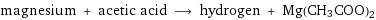 magnesium + acetic acid ⟶ hydrogen + Mg(CH3COO)2