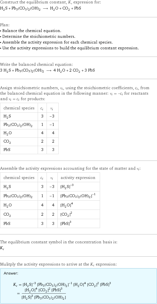 Construct the equilibrium constant, K, expression for: H_2S + Pb3(CO3)2(OH)2 ⟶ H_2O + CO_2 + PbS Plan: • Balance the chemical equation. • Determine the stoichiometric numbers. • Assemble the activity expression for each chemical species. • Use the activity expressions to build the equilibrium constant expression. Write the balanced chemical equation: 3 H_2S + Pb3(CO3)2(OH)2 ⟶ 4 H_2O + 2 CO_2 + 3 PbS Assign stoichiometric numbers, ν_i, using the stoichiometric coefficients, c_i, from the balanced chemical equation in the following manner: ν_i = -c_i for reactants and ν_i = c_i for products: chemical species | c_i | ν_i H_2S | 3 | -3 Pb3(CO3)2(OH)2 | 1 | -1 H_2O | 4 | 4 CO_2 | 2 | 2 PbS | 3 | 3 Assemble the activity expressions accounting for the state of matter and ν_i: chemical species | c_i | ν_i | activity expression H_2S | 3 | -3 | ([H2S])^(-3) Pb3(CO3)2(OH)2 | 1 | -1 | ([Pb3(CO3)2(OH)2])^(-1) H_2O | 4 | 4 | ([H2O])^4 CO_2 | 2 | 2 | ([CO2])^2 PbS | 3 | 3 | ([PbS])^3 The equilibrium constant symbol in the concentration basis is: K_c Mulitply the activity expressions to arrive at the K_c expression: Answer: |   | K_c = ([H2S])^(-3) ([Pb3(CO3)2(OH)2])^(-1) ([H2O])^4 ([CO2])^2 ([PbS])^3 = (([H2O])^4 ([CO2])^2 ([PbS])^3)/(([H2S])^3 [Pb3(CO3)2(OH)2])