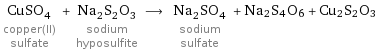 CuSO_4 copper(II) sulfate + Na_2S_2O_3 sodium hyposulfite ⟶ Na_2SO_4 sodium sulfate + Na2S4O6 + Cu2S2O3