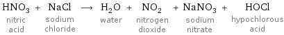 HNO_3 nitric acid + NaCl sodium chloride ⟶ H_2O water + NO_2 nitrogen dioxide + NaNO_3 sodium nitrate + HOCl hypochlorous acid