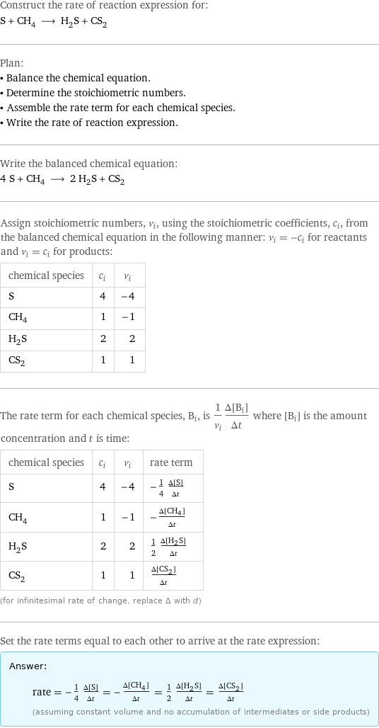 Construct the rate of reaction expression for: S + CH_4 ⟶ H_2S + CS_2 Plan: • Balance the chemical equation. • Determine the stoichiometric numbers. • Assemble the rate term for each chemical species. • Write the rate of reaction expression. Write the balanced chemical equation: 4 S + CH_4 ⟶ 2 H_2S + CS_2 Assign stoichiometric numbers, ν_i, using the stoichiometric coefficients, c_i, from the balanced chemical equation in the following manner: ν_i = -c_i for reactants and ν_i = c_i for products: chemical species | c_i | ν_i S | 4 | -4 CH_4 | 1 | -1 H_2S | 2 | 2 CS_2 | 1 | 1 The rate term for each chemical species, B_i, is 1/ν_i(Δ[B_i])/(Δt) where [B_i] is the amount concentration and t is time: chemical species | c_i | ν_i | rate term S | 4 | -4 | -1/4 (Δ[S])/(Δt) CH_4 | 1 | -1 | -(Δ[CH4])/(Δt) H_2S | 2 | 2 | 1/2 (Δ[H2S])/(Δt) CS_2 | 1 | 1 | (Δ[CS2])/(Δt) (for infinitesimal rate of change, replace Δ with d) Set the rate terms equal to each other to arrive at the rate expression: Answer: |   | rate = -1/4 (Δ[S])/(Δt) = -(Δ[CH4])/(Δt) = 1/2 (Δ[H2S])/(Δt) = (Δ[CS2])/(Δt) (assuming constant volume and no accumulation of intermediates or side products)