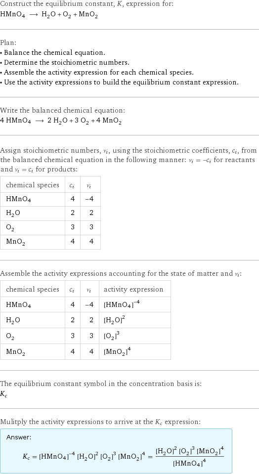 Construct the equilibrium constant, K, expression for: HMnO4 ⟶ H_2O + O_2 + MnO_2 Plan: • Balance the chemical equation. • Determine the stoichiometric numbers. • Assemble the activity expression for each chemical species. • Use the activity expressions to build the equilibrium constant expression. Write the balanced chemical equation: 4 HMnO4 ⟶ 2 H_2O + 3 O_2 + 4 MnO_2 Assign stoichiometric numbers, ν_i, using the stoichiometric coefficients, c_i, from the balanced chemical equation in the following manner: ν_i = -c_i for reactants and ν_i = c_i for products: chemical species | c_i | ν_i HMnO4 | 4 | -4 H_2O | 2 | 2 O_2 | 3 | 3 MnO_2 | 4 | 4 Assemble the activity expressions accounting for the state of matter and ν_i: chemical species | c_i | ν_i | activity expression HMnO4 | 4 | -4 | ([HMnO4])^(-4) H_2O | 2 | 2 | ([H2O])^2 O_2 | 3 | 3 | ([O2])^3 MnO_2 | 4 | 4 | ([MnO2])^4 The equilibrium constant symbol in the concentration basis is: K_c Mulitply the activity expressions to arrive at the K_c expression: Answer: |   | K_c = ([HMnO4])^(-4) ([H2O])^2 ([O2])^3 ([MnO2])^4 = (([H2O])^2 ([O2])^3 ([MnO2])^4)/([HMnO4])^4