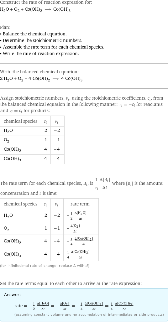 Construct the rate of reaction expression for: H_2O + O_2 + Co(OH)_2 ⟶ Co(OH)_3 Plan: • Balance the chemical equation. • Determine the stoichiometric numbers. • Assemble the rate term for each chemical species. • Write the rate of reaction expression. Write the balanced chemical equation: 2 H_2O + O_2 + 4 Co(OH)_2 ⟶ 4 Co(OH)_3 Assign stoichiometric numbers, ν_i, using the stoichiometric coefficients, c_i, from the balanced chemical equation in the following manner: ν_i = -c_i for reactants and ν_i = c_i for products: chemical species | c_i | ν_i H_2O | 2 | -2 O_2 | 1 | -1 Co(OH)_2 | 4 | -4 Co(OH)_3 | 4 | 4 The rate term for each chemical species, B_i, is 1/ν_i(Δ[B_i])/(Δt) where [B_i] is the amount concentration and t is time: chemical species | c_i | ν_i | rate term H_2O | 2 | -2 | -1/2 (Δ[H2O])/(Δt) O_2 | 1 | -1 | -(Δ[O2])/(Δt) Co(OH)_2 | 4 | -4 | -1/4 (Δ[Co(OH)2])/(Δt) Co(OH)_3 | 4 | 4 | 1/4 (Δ[Co(OH)3])/(Δt) (for infinitesimal rate of change, replace Δ with d) Set the rate terms equal to each other to arrive at the rate expression: Answer: |   | rate = -1/2 (Δ[H2O])/(Δt) = -(Δ[O2])/(Δt) = -1/4 (Δ[Co(OH)2])/(Δt) = 1/4 (Δ[Co(OH)3])/(Δt) (assuming constant volume and no accumulation of intermediates or side products)