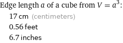 Edge length a of a cube from V = a^3:  | 17 cm (centimeters)  | 0.56 feet  | 6.7 inches