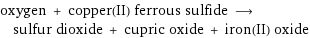 oxygen + copper(II) ferrous sulfide ⟶ sulfur dioxide + cupric oxide + iron(II) oxide