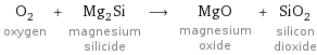 O_2 oxygen + Mg_2Si magnesium silicide ⟶ MgO magnesium oxide + SiO_2 silicon dioxide