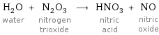 H_2O water + N_2O_3 nitrogen trioxide ⟶ HNO_3 nitric acid + NO nitric oxide