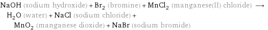 NaOH (sodium hydroxide) + Br_2 (bromine) + MnCl_2 (manganese(II) chloride) ⟶ H_2O (water) + NaCl (sodium chloride) + MnO_2 (manganese dioxide) + NaBr (sodium bromide)