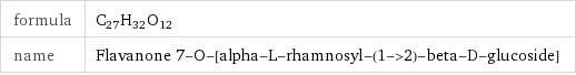 formula | C_27H_32O_12 name | Flavanone 7-O-[alpha-L-rhamnosyl-(1->2)-beta-D-glucoside]