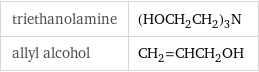 triethanolamine | (HOCH_2CH_2)_3N allyl alcohol | CH_2=CHCH_2OH