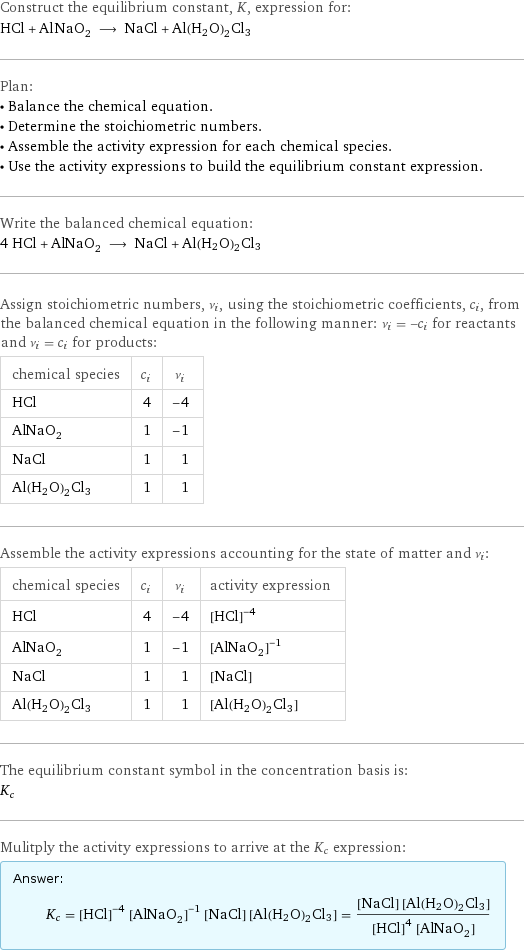 Construct the equilibrium constant, K, expression for: HCl + AlNaO_2 ⟶ NaCl + Al(H2O)2Cl3 Plan: • Balance the chemical equation. • Determine the stoichiometric numbers. • Assemble the activity expression for each chemical species. • Use the activity expressions to build the equilibrium constant expression. Write the balanced chemical equation: 4 HCl + AlNaO_2 ⟶ NaCl + Al(H2O)2Cl3 Assign stoichiometric numbers, ν_i, using the stoichiometric coefficients, c_i, from the balanced chemical equation in the following manner: ν_i = -c_i for reactants and ν_i = c_i for products: chemical species | c_i | ν_i HCl | 4 | -4 AlNaO_2 | 1 | -1 NaCl | 1 | 1 Al(H2O)2Cl3 | 1 | 1 Assemble the activity expressions accounting for the state of matter and ν_i: chemical species | c_i | ν_i | activity expression HCl | 4 | -4 | ([HCl])^(-4) AlNaO_2 | 1 | -1 | ([AlNaO2])^(-1) NaCl | 1 | 1 | [NaCl] Al(H2O)2Cl3 | 1 | 1 | [Al(H2O)2Cl3] The equilibrium constant symbol in the concentration basis is: K_c Mulitply the activity expressions to arrive at the K_c expression: Answer: |   | K_c = ([HCl])^(-4) ([AlNaO2])^(-1) [NaCl] [Al(H2O)2Cl3] = ([NaCl] [Al(H2O)2Cl3])/(([HCl])^4 [AlNaO2])