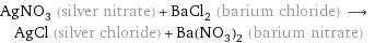 AgNO_3 (silver nitrate) + BaCl_2 (barium chloride) ⟶ AgCl (silver chloride) + Ba(NO_3)_2 (barium nitrate)