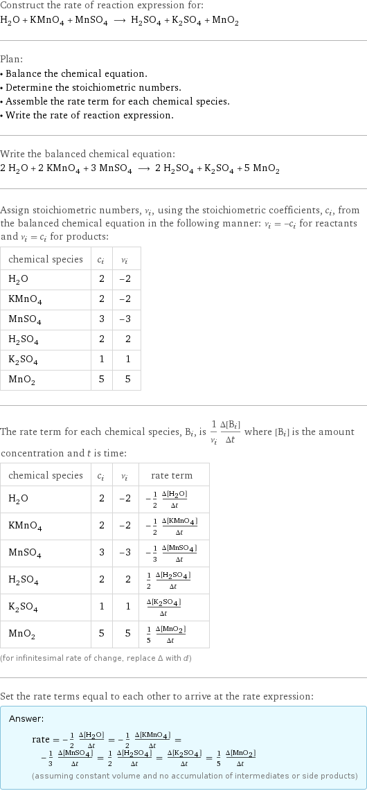 Construct the rate of reaction expression for: H_2O + KMnO_4 + MnSO_4 ⟶ H_2SO_4 + K_2SO_4 + MnO_2 Plan: • Balance the chemical equation. • Determine the stoichiometric numbers. • Assemble the rate term for each chemical species. • Write the rate of reaction expression. Write the balanced chemical equation: 2 H_2O + 2 KMnO_4 + 3 MnSO_4 ⟶ 2 H_2SO_4 + K_2SO_4 + 5 MnO_2 Assign stoichiometric numbers, ν_i, using the stoichiometric coefficients, c_i, from the balanced chemical equation in the following manner: ν_i = -c_i for reactants and ν_i = c_i for products: chemical species | c_i | ν_i H_2O | 2 | -2 KMnO_4 | 2 | -2 MnSO_4 | 3 | -3 H_2SO_4 | 2 | 2 K_2SO_4 | 1 | 1 MnO_2 | 5 | 5 The rate term for each chemical species, B_i, is 1/ν_i(Δ[B_i])/(Δt) where [B_i] is the amount concentration and t is time: chemical species | c_i | ν_i | rate term H_2O | 2 | -2 | -1/2 (Δ[H2O])/(Δt) KMnO_4 | 2 | -2 | -1/2 (Δ[KMnO4])/(Δt) MnSO_4 | 3 | -3 | -1/3 (Δ[MnSO4])/(Δt) H_2SO_4 | 2 | 2 | 1/2 (Δ[H2SO4])/(Δt) K_2SO_4 | 1 | 1 | (Δ[K2SO4])/(Δt) MnO_2 | 5 | 5 | 1/5 (Δ[MnO2])/(Δt) (for infinitesimal rate of change, replace Δ with d) Set the rate terms equal to each other to arrive at the rate expression: Answer: |   | rate = -1/2 (Δ[H2O])/(Δt) = -1/2 (Δ[KMnO4])/(Δt) = -1/3 (Δ[MnSO4])/(Δt) = 1/2 (Δ[H2SO4])/(Δt) = (Δ[K2SO4])/(Δt) = 1/5 (Δ[MnO2])/(Δt) (assuming constant volume and no accumulation of intermediates or side products)