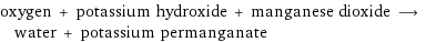 oxygen + potassium hydroxide + manganese dioxide ⟶ water + potassium permanganate