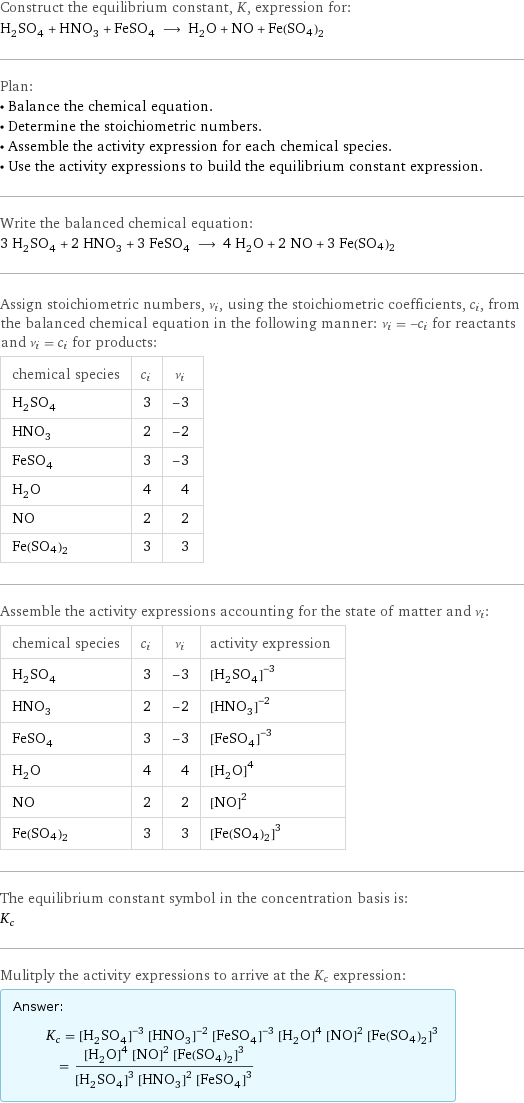 Construct the equilibrium constant, K, expression for: H_2SO_4 + HNO_3 + FeSO_4 ⟶ H_2O + NO + Fe(SO4)2 Plan: • Balance the chemical equation. • Determine the stoichiometric numbers. • Assemble the activity expression for each chemical species. • Use the activity expressions to build the equilibrium constant expression. Write the balanced chemical equation: 3 H_2SO_4 + 2 HNO_3 + 3 FeSO_4 ⟶ 4 H_2O + 2 NO + 3 Fe(SO4)2 Assign stoichiometric numbers, ν_i, using the stoichiometric coefficients, c_i, from the balanced chemical equation in the following manner: ν_i = -c_i for reactants and ν_i = c_i for products: chemical species | c_i | ν_i H_2SO_4 | 3 | -3 HNO_3 | 2 | -2 FeSO_4 | 3 | -3 H_2O | 4 | 4 NO | 2 | 2 Fe(SO4)2 | 3 | 3 Assemble the activity expressions accounting for the state of matter and ν_i: chemical species | c_i | ν_i | activity expression H_2SO_4 | 3 | -3 | ([H2SO4])^(-3) HNO_3 | 2 | -2 | ([HNO3])^(-2) FeSO_4 | 3 | -3 | ([FeSO4])^(-3) H_2O | 4 | 4 | ([H2O])^4 NO | 2 | 2 | ([NO])^2 Fe(SO4)2 | 3 | 3 | ([Fe(SO4)2])^3 The equilibrium constant symbol in the concentration basis is: K_c Mulitply the activity expressions to arrive at the K_c expression: Answer: |   | K_c = ([H2SO4])^(-3) ([HNO3])^(-2) ([FeSO4])^(-3) ([H2O])^4 ([NO])^2 ([Fe(SO4)2])^3 = (([H2O])^4 ([NO])^2 ([Fe(SO4)2])^3)/(([H2SO4])^3 ([HNO3])^2 ([FeSO4])^3)