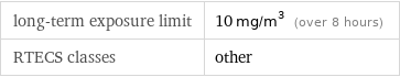 long-term exposure limit | 10 mg/m^3 (over 8 hours) RTECS classes | other