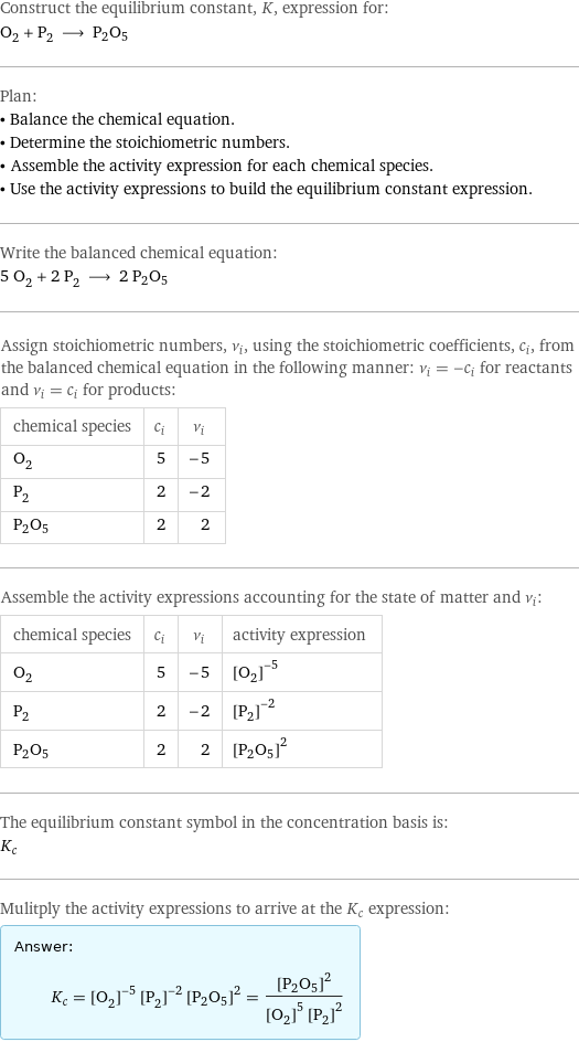 Construct the equilibrium constant, K, expression for: O_2 + P_2 ⟶ P2O5 Plan: • Balance the chemical equation. • Determine the stoichiometric numbers. • Assemble the activity expression for each chemical species. • Use the activity expressions to build the equilibrium constant expression. Write the balanced chemical equation: 5 O_2 + 2 P_2 ⟶ 2 P2O5 Assign stoichiometric numbers, ν_i, using the stoichiometric coefficients, c_i, from the balanced chemical equation in the following manner: ν_i = -c_i for reactants and ν_i = c_i for products: chemical species | c_i | ν_i O_2 | 5 | -5 P_2 | 2 | -2 P2O5 | 2 | 2 Assemble the activity expressions accounting for the state of matter and ν_i: chemical species | c_i | ν_i | activity expression O_2 | 5 | -5 | ([O2])^(-5) P_2 | 2 | -2 | ([P2])^(-2) P2O5 | 2 | 2 | ([P2O5])^2 The equilibrium constant symbol in the concentration basis is: K_c Mulitply the activity expressions to arrive at the K_c expression: Answer: |   | K_c = ([O2])^(-5) ([P2])^(-2) ([P2O5])^2 = ([P2O5])^2/(([O2])^5 ([P2])^2)