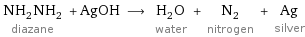 NH_2NH_2 diazane + AgOH ⟶ H_2O water + N_2 nitrogen + Ag silver