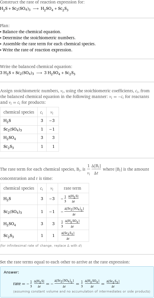 Construct the rate of reaction expression for: H_2S + Sc2(SO4)3 ⟶ H_2SO_4 + Sc_2S_3 Plan: • Balance the chemical equation. • Determine the stoichiometric numbers. • Assemble the rate term for each chemical species. • Write the rate of reaction expression. Write the balanced chemical equation: 3 H_2S + Sc2(SO4)3 ⟶ 3 H_2SO_4 + Sc_2S_3 Assign stoichiometric numbers, ν_i, using the stoichiometric coefficients, c_i, from the balanced chemical equation in the following manner: ν_i = -c_i for reactants and ν_i = c_i for products: chemical species | c_i | ν_i H_2S | 3 | -3 Sc2(SO4)3 | 1 | -1 H_2SO_4 | 3 | 3 Sc_2S_3 | 1 | 1 The rate term for each chemical species, B_i, is 1/ν_i(Δ[B_i])/(Δt) where [B_i] is the amount concentration and t is time: chemical species | c_i | ν_i | rate term H_2S | 3 | -3 | -1/3 (Δ[H2S])/(Δt) Sc2(SO4)3 | 1 | -1 | -(Δ[Sc2(SO4)3])/(Δt) H_2SO_4 | 3 | 3 | 1/3 (Δ[H2SO4])/(Δt) Sc_2S_3 | 1 | 1 | (Δ[Sc2S3])/(Δt) (for infinitesimal rate of change, replace Δ with d) Set the rate terms equal to each other to arrive at the rate expression: Answer: |   | rate = -1/3 (Δ[H2S])/(Δt) = -(Δ[Sc2(SO4)3])/(Δt) = 1/3 (Δ[H2SO4])/(Δt) = (Δ[Sc2S3])/(Δt) (assuming constant volume and no accumulation of intermediates or side products)