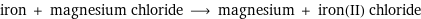 iron + magnesium chloride ⟶ magnesium + iron(II) chloride