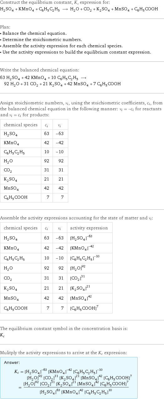 Construct the equilibrium constant, K, expression for: H_2SO_4 + KMnO_4 + C_6H_5C_2H_5 ⟶ H_2O + CO_2 + K_2SO_4 + MnSO_4 + C_6H_5COOH Plan: • Balance the chemical equation. • Determine the stoichiometric numbers. • Assemble the activity expression for each chemical species. • Use the activity expressions to build the equilibrium constant expression. Write the balanced chemical equation: 63 H_2SO_4 + 42 KMnO_4 + 10 C_6H_5C_2H_5 ⟶ 92 H_2O + 31 CO_2 + 21 K_2SO_4 + 42 MnSO_4 + 7 C_6H_5COOH Assign stoichiometric numbers, ν_i, using the stoichiometric coefficients, c_i, from the balanced chemical equation in the following manner: ν_i = -c_i for reactants and ν_i = c_i for products: chemical species | c_i | ν_i H_2SO_4 | 63 | -63 KMnO_4 | 42 | -42 C_6H_5C_2H_5 | 10 | -10 H_2O | 92 | 92 CO_2 | 31 | 31 K_2SO_4 | 21 | 21 MnSO_4 | 42 | 42 C_6H_5COOH | 7 | 7 Assemble the activity expressions accounting for the state of matter and ν_i: chemical species | c_i | ν_i | activity expression H_2SO_4 | 63 | -63 | ([H2SO4])^(-63) KMnO_4 | 42 | -42 | ([KMnO4])^(-42) C_6H_5C_2H_5 | 10 | -10 | ([C6H5C2H5])^(-10) H_2O | 92 | 92 | ([H2O])^92 CO_2 | 31 | 31 | ([CO2])^31 K_2SO_4 | 21 | 21 | ([K2SO4])^21 MnSO_4 | 42 | 42 | ([MnSO4])^42 C_6H_5COOH | 7 | 7 | ([C6H5COOH])^7 The equilibrium constant symbol in the concentration basis is: K_c Mulitply the activity expressions to arrive at the K_c expression: Answer: |   | K_c = ([H2SO4])^(-63) ([KMnO4])^(-42) ([C6H5C2H5])^(-10) ([H2O])^92 ([CO2])^31 ([K2SO4])^21 ([MnSO4])^42 ([C6H5COOH])^7 = (([H2O])^92 ([CO2])^31 ([K2SO4])^21 ([MnSO4])^42 ([C6H5COOH])^7)/(([H2SO4])^63 ([KMnO4])^42 ([C6H5C2H5])^10)