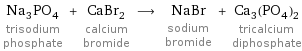 Na_3PO_4 trisodium phosphate + CaBr_2 calcium bromide ⟶ NaBr sodium bromide + Ca_3(PO_4)_2 tricalcium diphosphate