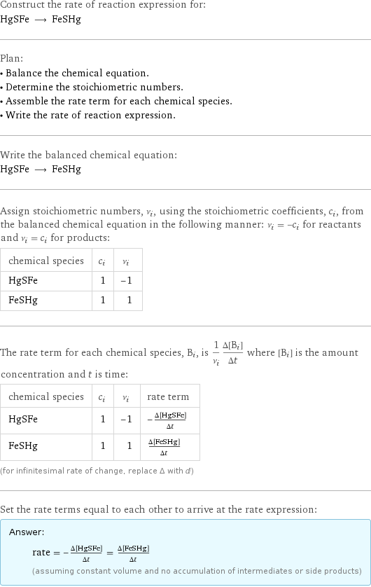 Construct the rate of reaction expression for: HgSFe ⟶ FeSHg Plan: • Balance the chemical equation. • Determine the stoichiometric numbers. • Assemble the rate term for each chemical species. • Write the rate of reaction expression. Write the balanced chemical equation: HgSFe ⟶ FeSHg Assign stoichiometric numbers, ν_i, using the stoichiometric coefficients, c_i, from the balanced chemical equation in the following manner: ν_i = -c_i for reactants and ν_i = c_i for products: chemical species | c_i | ν_i HgSFe | 1 | -1 FeSHg | 1 | 1 The rate term for each chemical species, B_i, is 1/ν_i(Δ[B_i])/(Δt) where [B_i] is the amount concentration and t is time: chemical species | c_i | ν_i | rate term HgSFe | 1 | -1 | -(Δ[HgSFe])/(Δt) FeSHg | 1 | 1 | (Δ[FeSHg])/(Δt) (for infinitesimal rate of change, replace Δ with d) Set the rate terms equal to each other to arrive at the rate expression: Answer: |   | rate = -(Δ[HgSFe])/(Δt) = (Δ[FeSHg])/(Δt) (assuming constant volume and no accumulation of intermediates or side products)