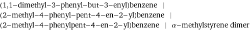 (1, 1-dimethyl-3-phenyl-but-3-enyl)benzene | (2-methyl-4-phenyl-pent-4-en-2-yl)benzene | (2-methyl-4-phenylpent-4-en-2-yl)benzene | α-methylstyrene dimer