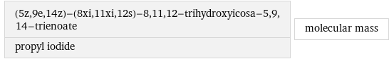 (5z, 9e, 14z)-(8xi, 11xi, 12s)-8, 11, 12-trihydroxyicosa-5, 9, 14-trienoate propyl iodide | molecular mass