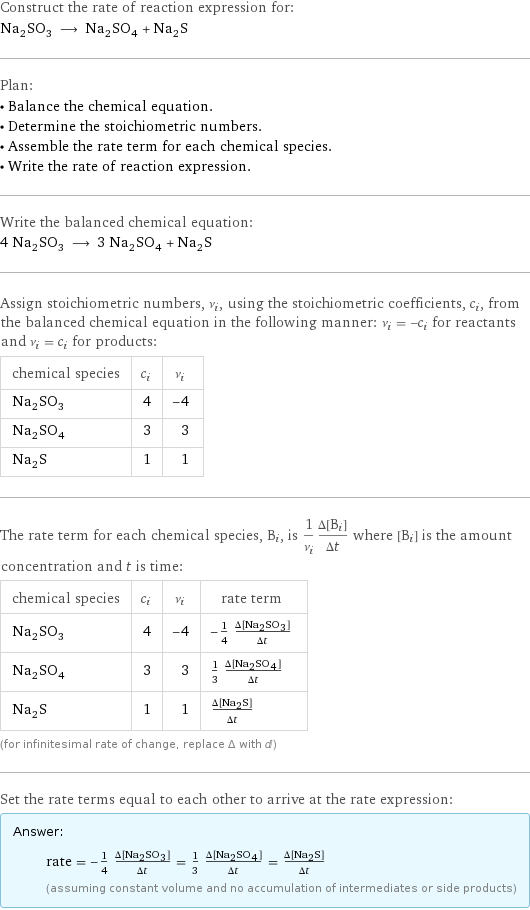 Construct the rate of reaction expression for: Na_2SO_3 ⟶ Na_2SO_4 + Na_2S Plan: • Balance the chemical equation. • Determine the stoichiometric numbers. • Assemble the rate term for each chemical species. • Write the rate of reaction expression. Write the balanced chemical equation: 4 Na_2SO_3 ⟶ 3 Na_2SO_4 + Na_2S Assign stoichiometric numbers, ν_i, using the stoichiometric coefficients, c_i, from the balanced chemical equation in the following manner: ν_i = -c_i for reactants and ν_i = c_i for products: chemical species | c_i | ν_i Na_2SO_3 | 4 | -4 Na_2SO_4 | 3 | 3 Na_2S | 1 | 1 The rate term for each chemical species, B_i, is 1/ν_i(Δ[B_i])/(Δt) where [B_i] is the amount concentration and t is time: chemical species | c_i | ν_i | rate term Na_2SO_3 | 4 | -4 | -1/4 (Δ[Na2SO3])/(Δt) Na_2SO_4 | 3 | 3 | 1/3 (Δ[Na2SO4])/(Δt) Na_2S | 1 | 1 | (Δ[Na2S])/(Δt) (for infinitesimal rate of change, replace Δ with d) Set the rate terms equal to each other to arrive at the rate expression: Answer: |   | rate = -1/4 (Δ[Na2SO3])/(Δt) = 1/3 (Δ[Na2SO4])/(Δt) = (Δ[Na2S])/(Δt) (assuming constant volume and no accumulation of intermediates or side products)