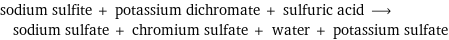 sodium sulfite + potassium dichromate + sulfuric acid ⟶ sodium sulfate + chromium sulfate + water + potassium sulfate