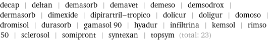 decap | deltan | demasorb | demavet | demeso | demsodrox | dermasorb | dimexide | dipirartril-tropico | dolicur | doligur | domoso | dromisol | durasorb | gamasol 90 | hyadur | infiltrina | kemsol | rimso 50 | sclerosol | somipront | syntexan | topsym (total: 23)