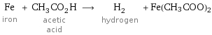 Fe iron + CH_3CO_2H acetic acid ⟶ H_2 hydrogen + Fe(CH3COO)2