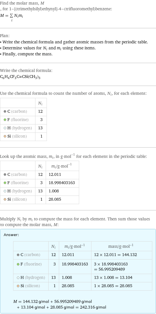 Find the molar mass, M, for 1-[(trimethylsilyl)ethynyl]-4-(trifluoromethyl)benzene: M = sum _iN_im_i Plan: • Write the chemical formula and gather atomic masses from the periodic table. • Determine values for N_i and m_i using these items. • Finally, compute the mass. Write the chemical formula: C_6H_4CF_3C congruent CSi(CH_3)_3 Use the chemical formula to count the number of atoms, N_i, for each element:  | N_i  C (carbon) | 12  F (fluorine) | 3  H (hydrogen) | 13  Si (silicon) | 1 Look up the atomic mass, m_i, in g·mol^(-1) for each element in the periodic table:  | N_i | m_i/g·mol^(-1)  C (carbon) | 12 | 12.011  F (fluorine) | 3 | 18.998403163  H (hydrogen) | 13 | 1.008  Si (silicon) | 1 | 28.085 Multiply N_i by m_i to compute the mass for each element. Then sum those values to compute the molar mass, M: Answer: |   | | N_i | m_i/g·mol^(-1) | mass/g·mol^(-1)  C (carbon) | 12 | 12.011 | 12 × 12.011 = 144.132  F (fluorine) | 3 | 18.998403163 | 3 × 18.998403163 = 56.995209489  H (hydrogen) | 13 | 1.008 | 13 × 1.008 = 13.104  Si (silicon) | 1 | 28.085 | 1 × 28.085 = 28.085  M = 144.132 g/mol + 56.995209489 g/mol + 13.104 g/mol + 28.085 g/mol = 242.316 g/mol