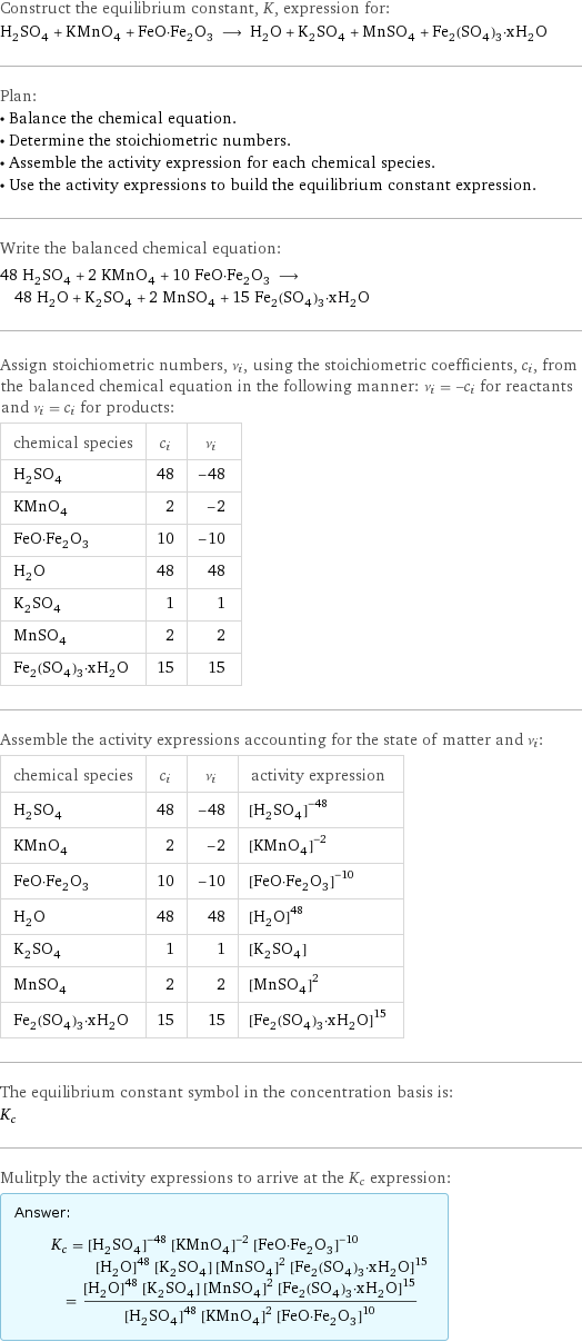 Construct the equilibrium constant, K, expression for: H_2SO_4 + KMnO_4 + FeO·Fe_2O_3 ⟶ H_2O + K_2SO_4 + MnSO_4 + Fe_2(SO_4)_3·xH_2O Plan: • Balance the chemical equation. • Determine the stoichiometric numbers. • Assemble the activity expression for each chemical species. • Use the activity expressions to build the equilibrium constant expression. Write the balanced chemical equation: 48 H_2SO_4 + 2 KMnO_4 + 10 FeO·Fe_2O_3 ⟶ 48 H_2O + K_2SO_4 + 2 MnSO_4 + 15 Fe_2(SO_4)_3·xH_2O Assign stoichiometric numbers, ν_i, using the stoichiometric coefficients, c_i, from the balanced chemical equation in the following manner: ν_i = -c_i for reactants and ν_i = c_i for products: chemical species | c_i | ν_i H_2SO_4 | 48 | -48 KMnO_4 | 2 | -2 FeO·Fe_2O_3 | 10 | -10 H_2O | 48 | 48 K_2SO_4 | 1 | 1 MnSO_4 | 2 | 2 Fe_2(SO_4)_3·xH_2O | 15 | 15 Assemble the activity expressions accounting for the state of matter and ν_i: chemical species | c_i | ν_i | activity expression H_2SO_4 | 48 | -48 | ([H2SO4])^(-48) KMnO_4 | 2 | -2 | ([KMnO4])^(-2) FeO·Fe_2O_3 | 10 | -10 | ([FeO·Fe2O3])^(-10) H_2O | 48 | 48 | ([H2O])^48 K_2SO_4 | 1 | 1 | [K2SO4] MnSO_4 | 2 | 2 | ([MnSO4])^2 Fe_2(SO_4)_3·xH_2O | 15 | 15 | ([Fe2(SO4)3·xH2O])^15 The equilibrium constant symbol in the concentration basis is: K_c Mulitply the activity expressions to arrive at the K_c expression: Answer: |   | K_c = ([H2SO4])^(-48) ([KMnO4])^(-2) ([FeO·Fe2O3])^(-10) ([H2O])^48 [K2SO4] ([MnSO4])^2 ([Fe2(SO4)3·xH2O])^15 = (([H2O])^48 [K2SO4] ([MnSO4])^2 ([Fe2(SO4)3·xH2O])^15)/(([H2SO4])^48 ([KMnO4])^2 ([FeO·Fe2O3])^10)