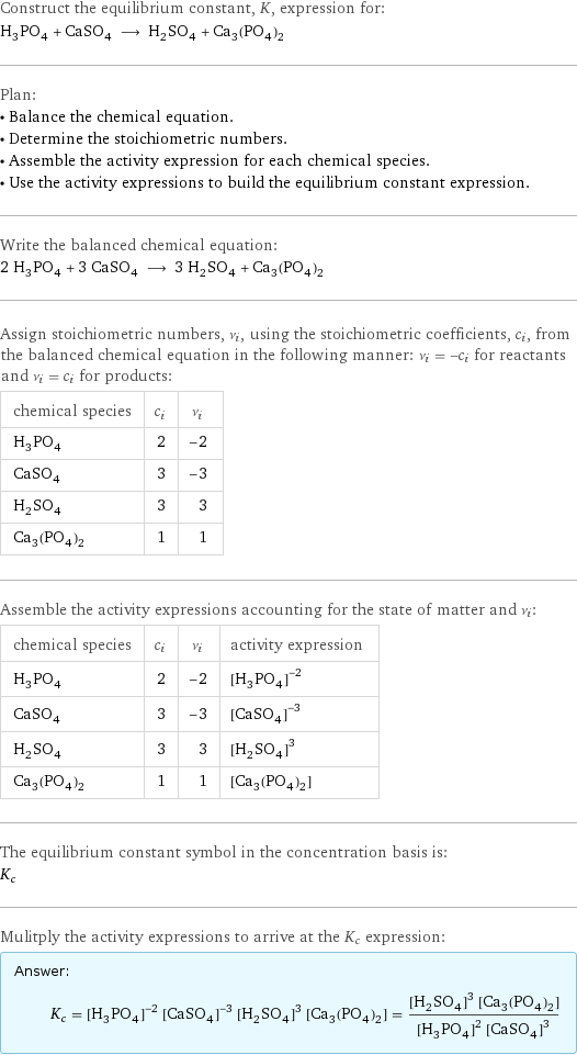 Construct the equilibrium constant, K, expression for: H_3PO_4 + CaSO_4 ⟶ H_2SO_4 + Ca_3(PO_4)_2 Plan: • Balance the chemical equation. • Determine the stoichiometric numbers. • Assemble the activity expression for each chemical species. • Use the activity expressions to build the equilibrium constant expression. Write the balanced chemical equation: 2 H_3PO_4 + 3 CaSO_4 ⟶ 3 H_2SO_4 + Ca_3(PO_4)_2 Assign stoichiometric numbers, ν_i, using the stoichiometric coefficients, c_i, from the balanced chemical equation in the following manner: ν_i = -c_i for reactants and ν_i = c_i for products: chemical species | c_i | ν_i H_3PO_4 | 2 | -2 CaSO_4 | 3 | -3 H_2SO_4 | 3 | 3 Ca_3(PO_4)_2 | 1 | 1 Assemble the activity expressions accounting for the state of matter and ν_i: chemical species | c_i | ν_i | activity expression H_3PO_4 | 2 | -2 | ([H3PO4])^(-2) CaSO_4 | 3 | -3 | ([CaSO4])^(-3) H_2SO_4 | 3 | 3 | ([H2SO4])^3 Ca_3(PO_4)_2 | 1 | 1 | [Ca3(PO4)2] The equilibrium constant symbol in the concentration basis is: K_c Mulitply the activity expressions to arrive at the K_c expression: Answer: |   | K_c = ([H3PO4])^(-2) ([CaSO4])^(-3) ([H2SO4])^3 [Ca3(PO4)2] = (([H2SO4])^3 [Ca3(PO4)2])/(([H3PO4])^2 ([CaSO4])^3)