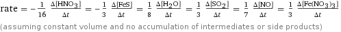 rate = -1/16 (Δ[HNO3])/(Δt) = -1/3 (Δ[FeS])/(Δt) = 1/8 (Δ[H2O])/(Δt) = 1/3 (Δ[SO2])/(Δt) = 1/7 (Δ[NO])/(Δt) = 1/3 (Δ[Fe(NO3)3])/(Δt) (assuming constant volume and no accumulation of intermediates or side products)