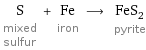 S mixed sulfur + Fe iron ⟶ FeS_2 pyrite