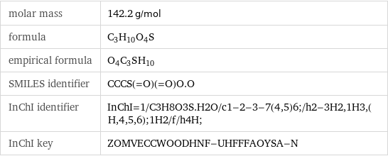 molar mass | 142.2 g/mol formula | C_3H_10O_4S empirical formula | O_4C_3S_H_10 SMILES identifier | CCCS(=O)(=O)O.O InChI identifier | InChI=1/C3H8O3S.H2O/c1-2-3-7(4, 5)6;/h2-3H2, 1H3, (H, 4, 5, 6);1H2/f/h4H; InChI key | ZOMVECCWOODHNF-UHFFFAOYSA-N