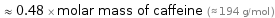  ≈ 0.48 × molar mass of caffeine (≈ 194 g/mol )