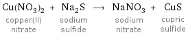 Cu(NO_3)_2 copper(II) nitrate + Na_2S sodium sulfide ⟶ NaNO_3 sodium nitrate + CuS cupric sulfide